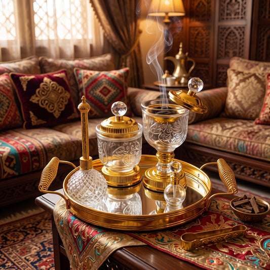 Set Árabe Dorado de Cristal con Bandeja Espejada — Quemador y Frascos Decorativos de Lujo