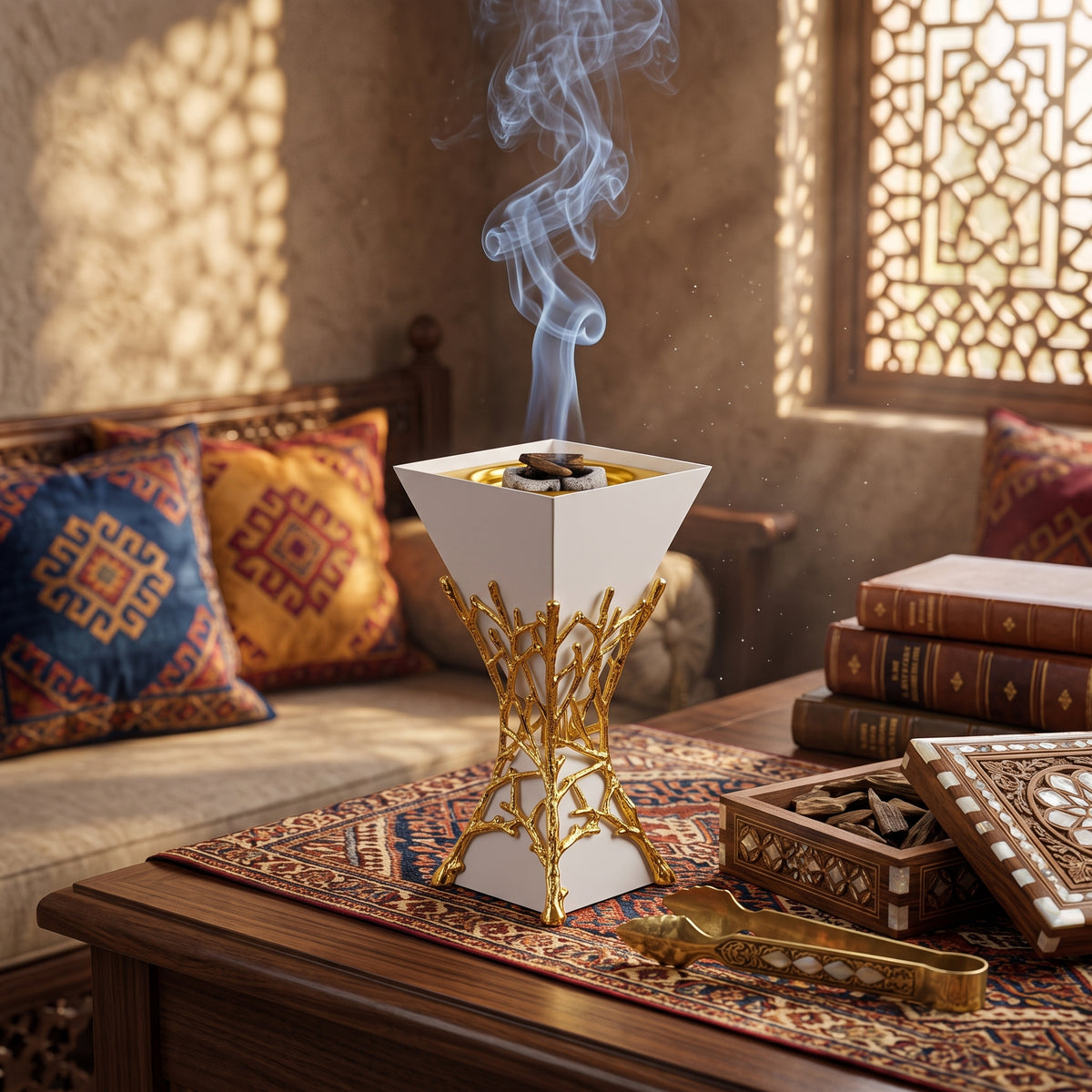 White and Gold Arabic Incense Burner — Luxury Design with Branch Base