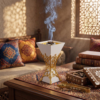 White and Gold Arabic Incense Burner — Luxury Design with Branch Base