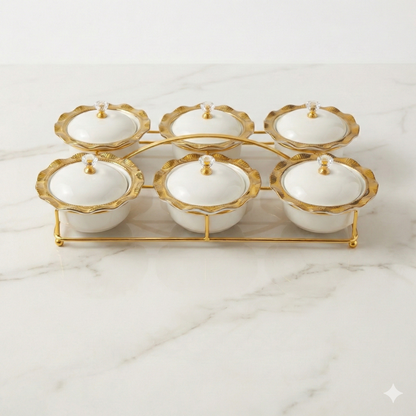 Set de 6 Contenedores de Porcelana con Tapa y Base Dorada – Condimentero Elegante para Mesa y Cocina
