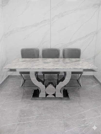 Mesa de Comedor Nara Mármol 160x90 cm – Tapa Efecto Mármol y Base Acero Inoxidable