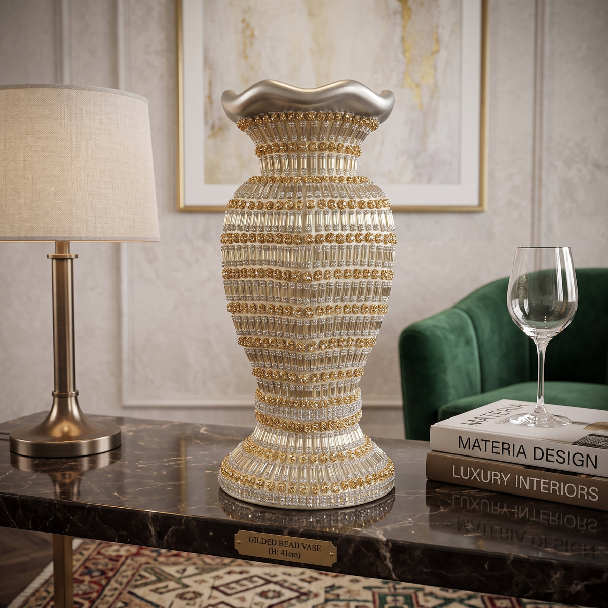 Vaso decorativo de luxo em prata com detalhes em dourado – 41 cm