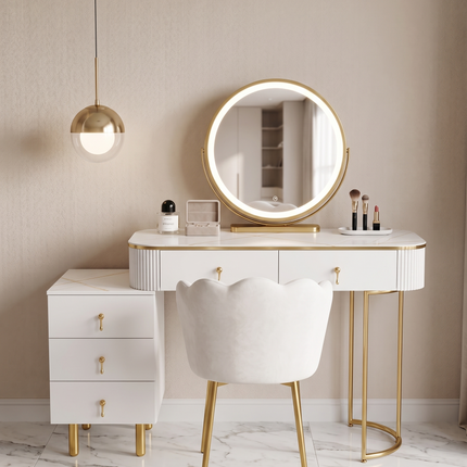Tocador elegante con silla y espejo led blanco y dorado