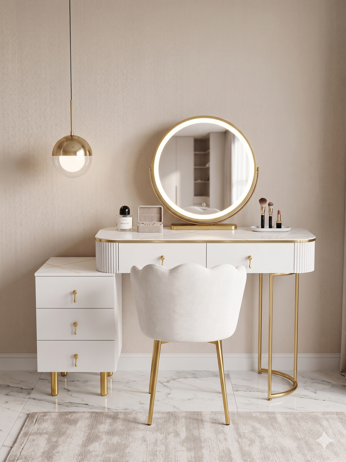 Tocador elegante con silla y espejo led blanco y dorado