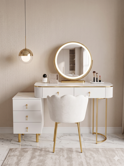 Tocador elegante con silla y espejo led blanco y dorado