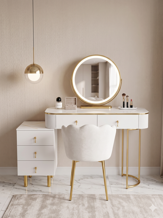 Tocador elegante con silla y espejo led blanco y dorado