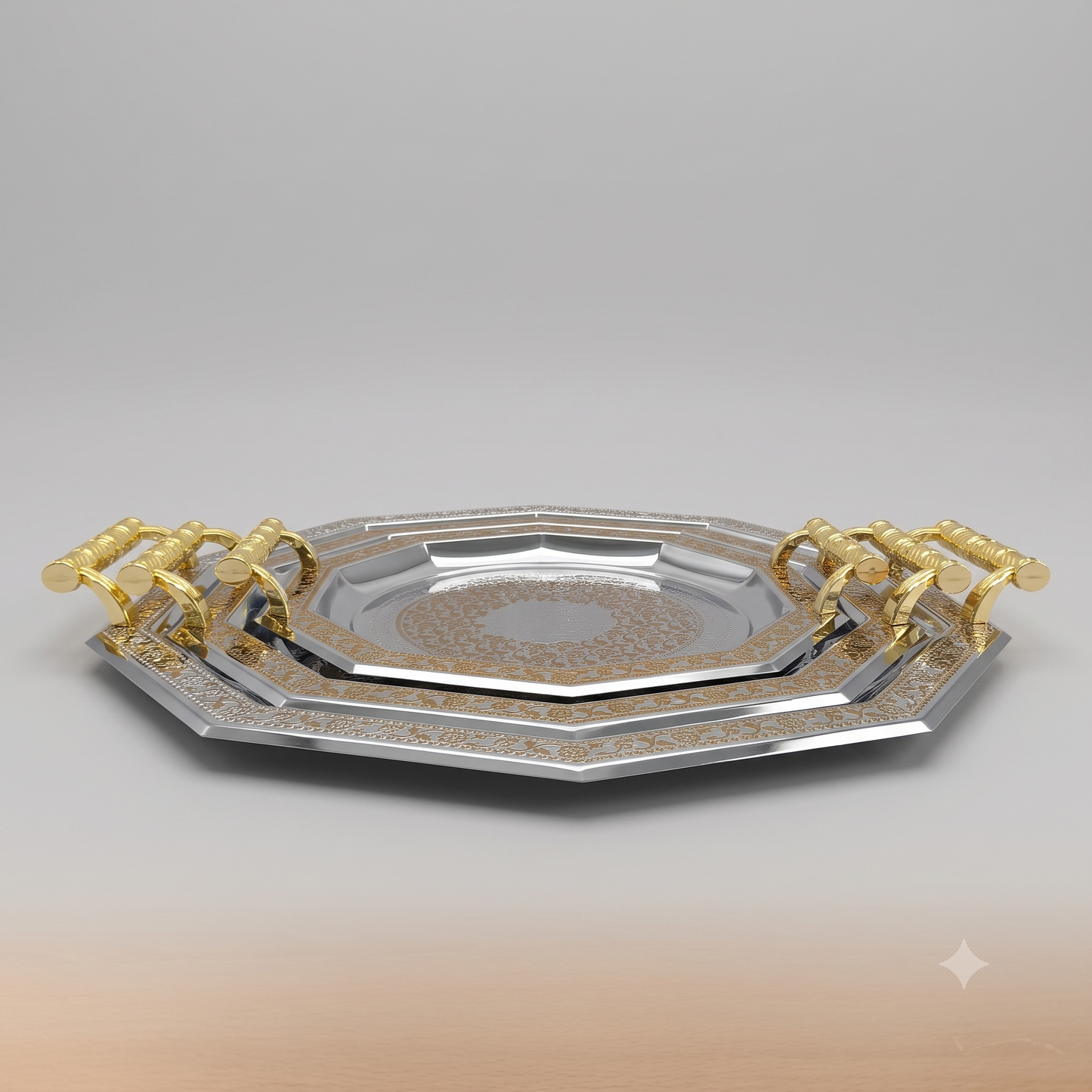 Set de 3 Bandejas Octogonales Plateadas y Doradas con Asas – 32, 40 y 48 cm