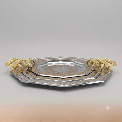 Set de 3 Bandejas Octogonales Plateadas y Doradas con Asas – 32, 40 y 48 cm