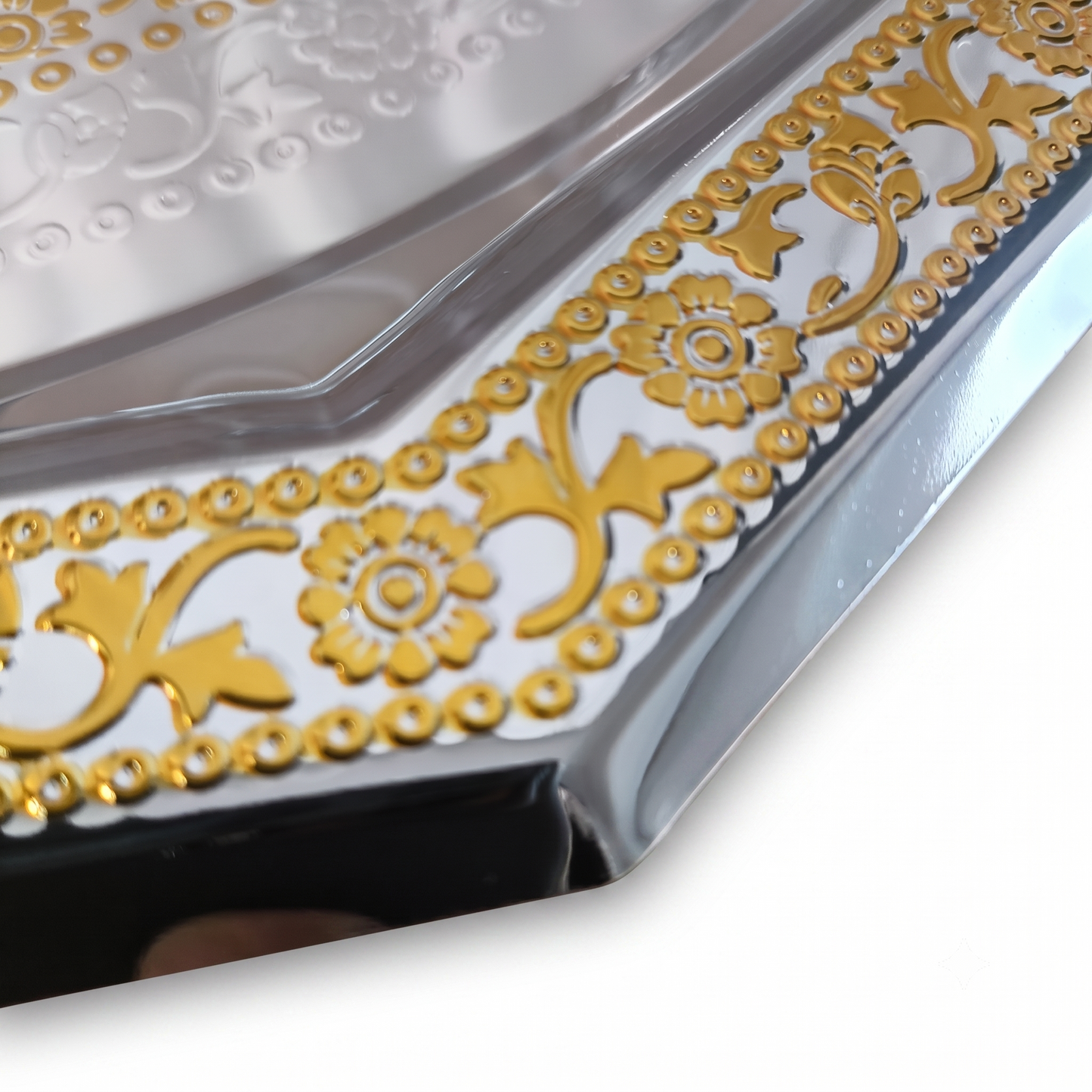 Set de 3 Bandejas Octogonales Plateadas y Doradas con Asas – 32, 40 y 48 cm