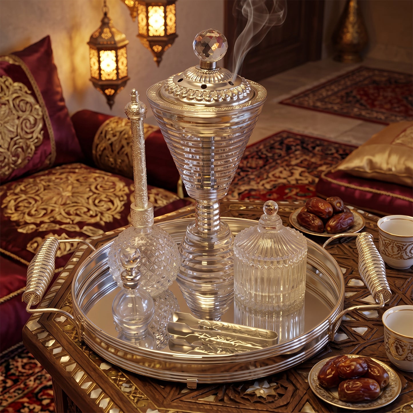 Silver-Plated Arabic Incense and Perfume Set — Luxury Crystal and Metal Tray