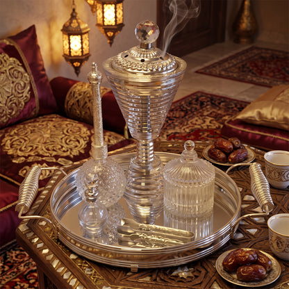 Silver-Plated Arabic Incense and Perfume Set — Luxury Crystal and Metal Tray