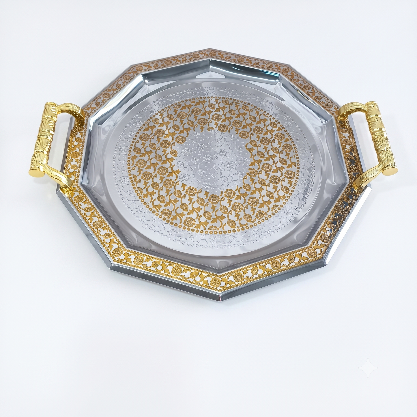 Set de 3 Bandejas Octogonales Plateadas y Doradas con Asas – 32, 40 y 48 cm