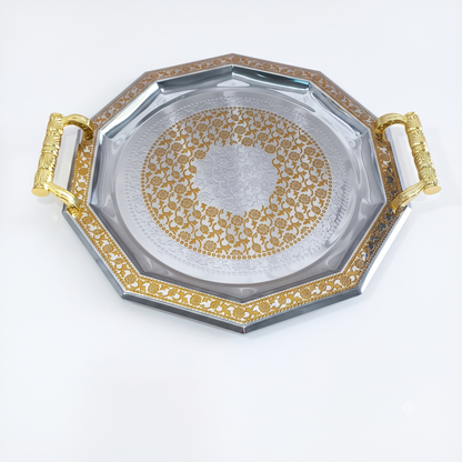 Set de 3 Bandejas Octogonales Plateadas y Doradas con Asas – 32, 40 y 48 cm