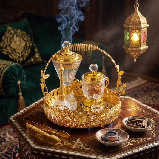 Set Árabe Dorado de Cristal con Base Decorativa — Bandeja de Lujo con Quemador y Frascos