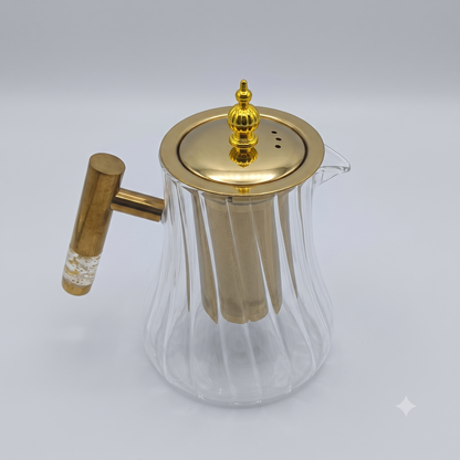 Tetera de Cristal con Infusor y Calentador Dorado