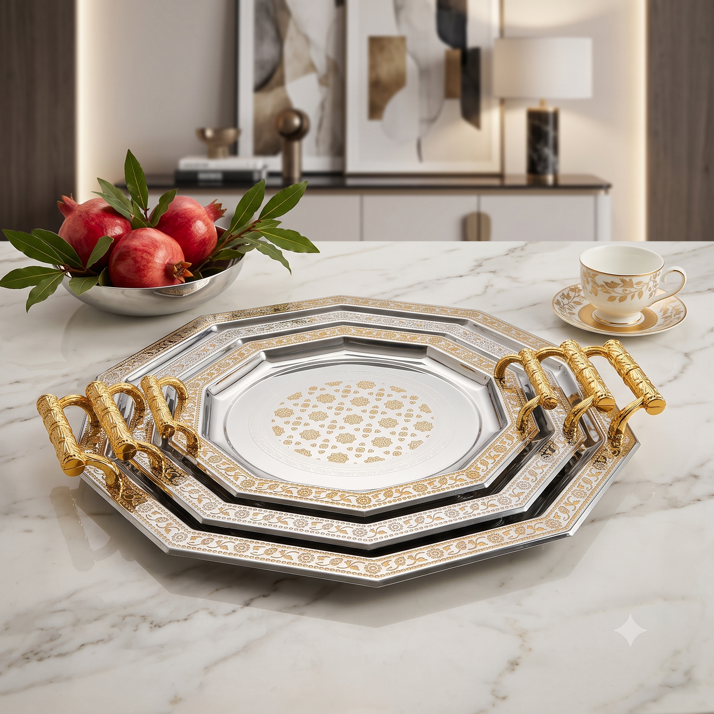 Set de 3 Bandejas Octogonales Plateadas y Doradas con Asas – 32, 40 y 48 cm