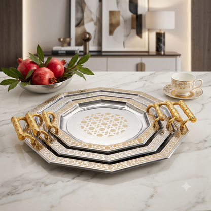 Set de 3 Bandejas Octogonales Plateadas y Doradas con Asas – 32, 40 y 48 cm