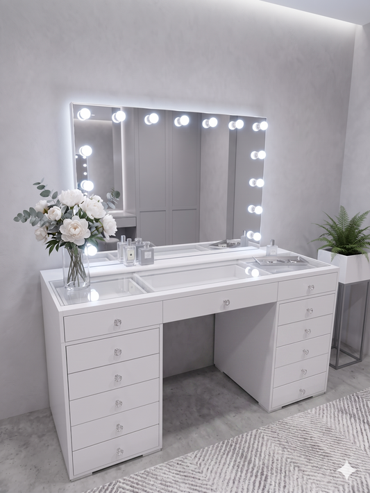Tocador elegante con silla y espejo con bombillas blanco