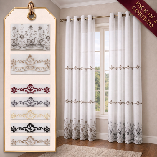 PACK X2 CORTINA VOILE BORDADA MODELO LOTUS 140 x 240 CM
