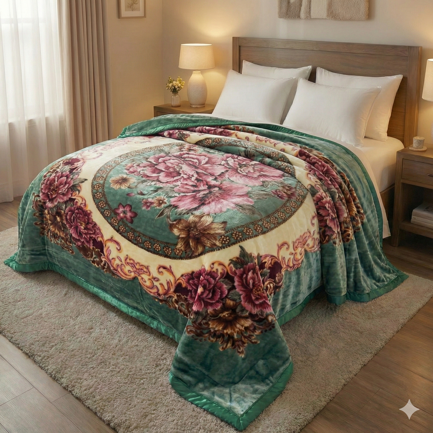 Manta de Felpa Color verde con flores - Extra Suave y Cálida para Invierno (200x230 cm, 4,5 kg)