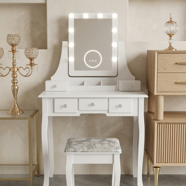 Tocador elegante blanco con taburete espejo led