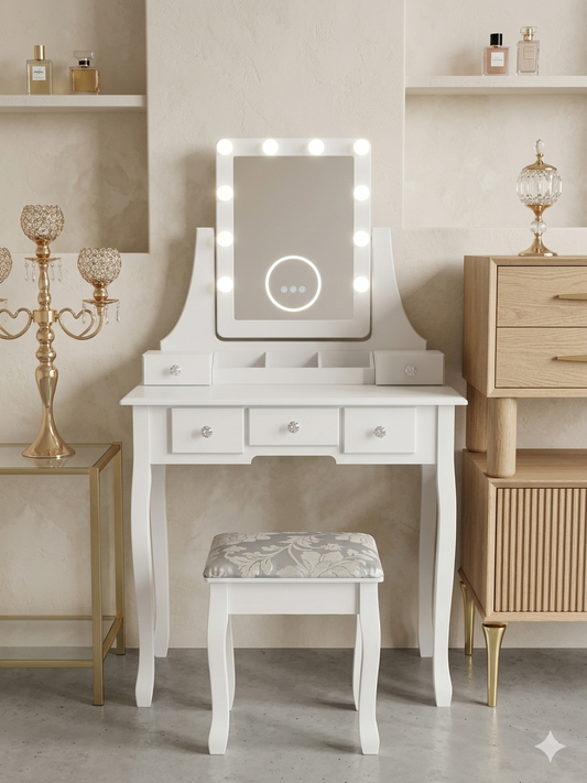 Tocador elegante blanco con taburete espejo led