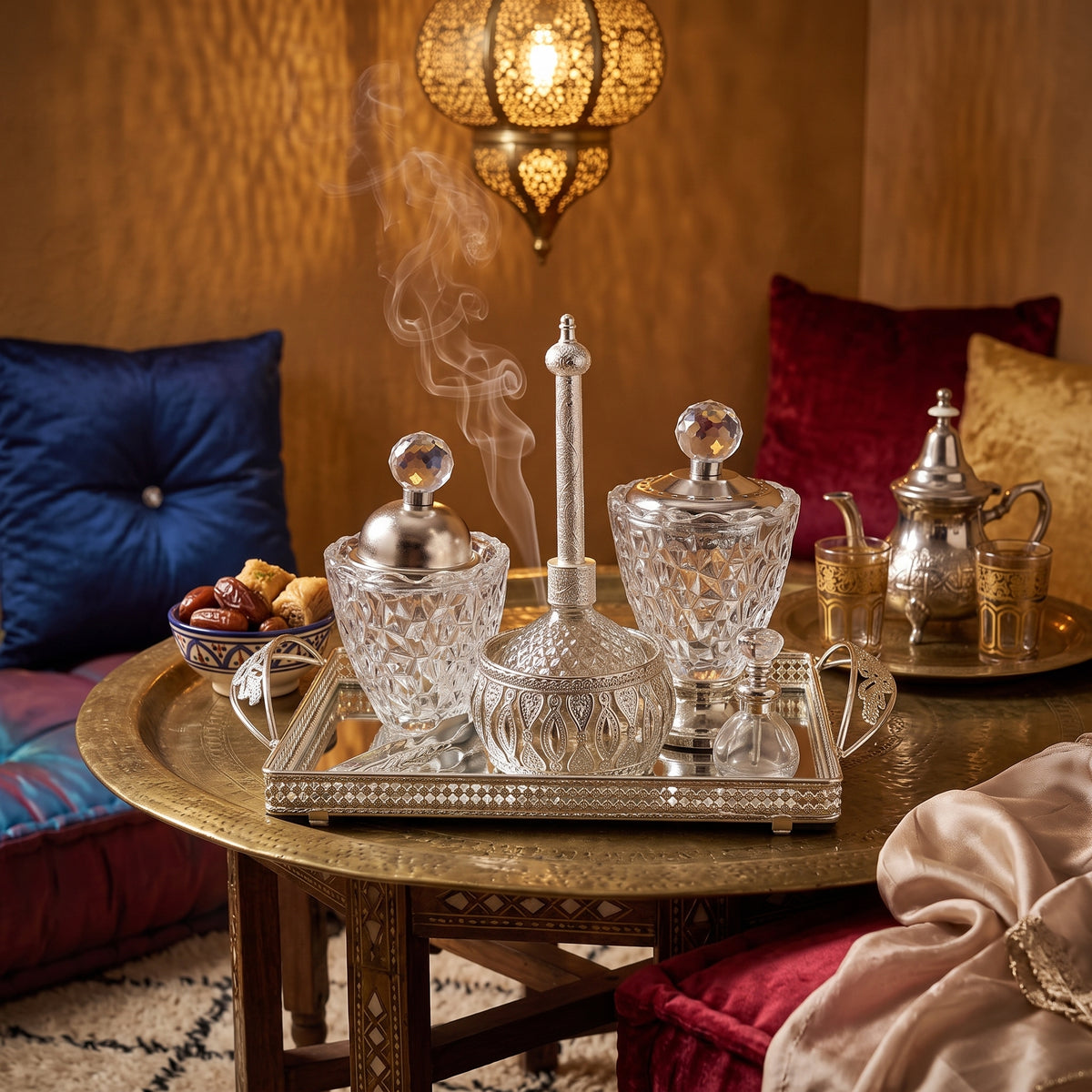 Conjunto Árabe em Cristal Prateado — Tabuleiro com Queimador, Potes e Acessórios de Luxo