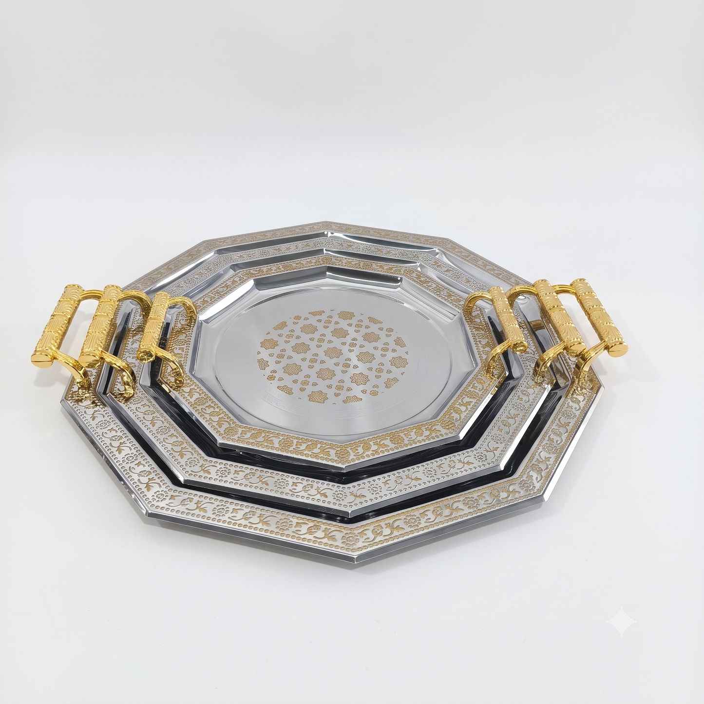 Set de 3 Bandejas Octogonales Plateadas y Doradas con Asas – 32, 40 y 48 cm
