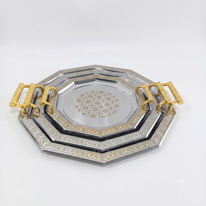 Set de 3 Bandejas Octogonales Plateadas y Doradas con Asas – 32, 40 y 48 cm