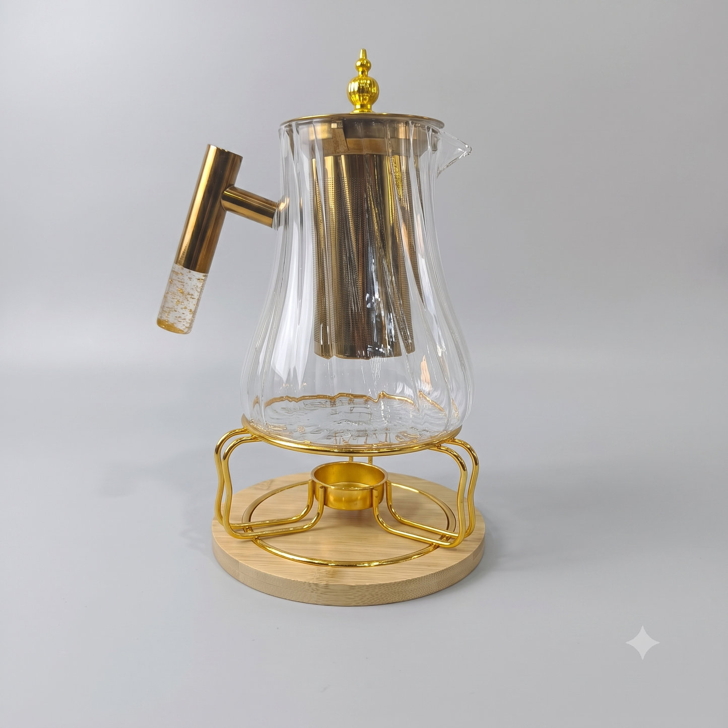 Tetera de Cristal con Infusor y Calentador Dorado