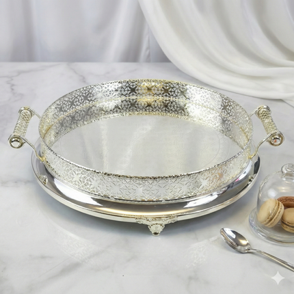 ✨ Bandeja Redonda Decorativa de Luxo com Acabamento Prateado e Detalhes Ornamentais ✨