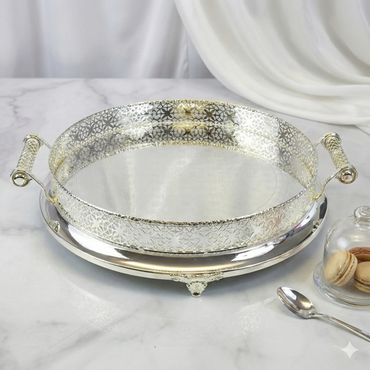 ✨ Bandeja Redonda Decorativa de Lujo en Acabado Plateado con Detalles Ornamentales ✨