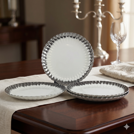 Set of 4 White Porcelain Plates with Silver Rim Size: Ø 36cm 🍽️✨ Modern and Elegant Design