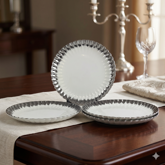 Set de 4 Platos de Porcelana Blanca con Borde Plateado Medida: Ø 36cm 🍽️✨ Diseño Moderno y Elegante