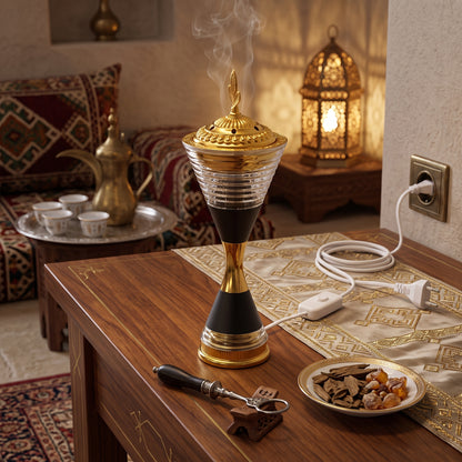 Queimador de incenso elétrico dourado e preto — Design luxuoso em estilo árabe