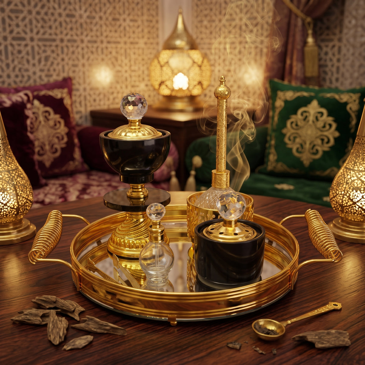 Conjunto de incenso e perfume árabe preto e dourado — Tabuleiro de luxo com acessórios