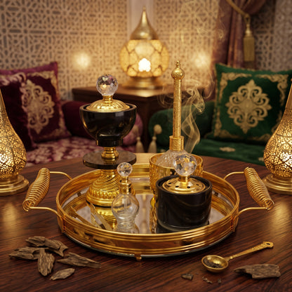Conjunto de incenso e perfume árabe preto e dourado — Tabuleiro de luxo com acessórios