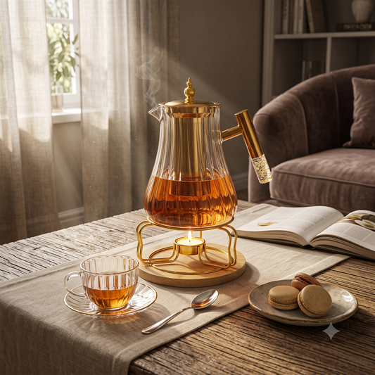 Tetera de Cristal con Infusor y Calentador Dorado