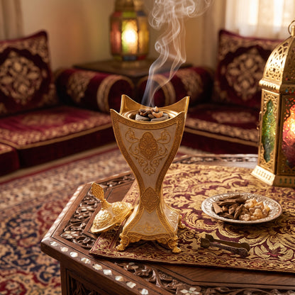 Incensário Árabe Dourado — Design Clássico de Luxo com Detalhes Entalhados