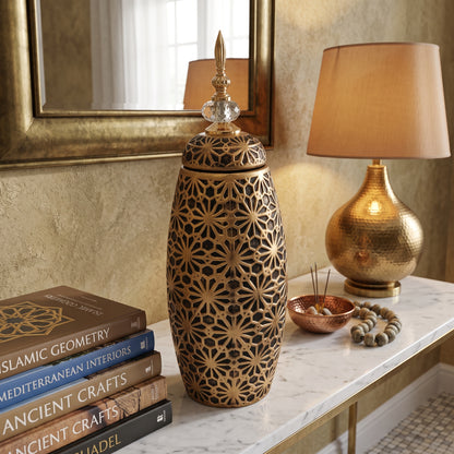 Decoración Árabe Dorada con Tapa y Detalle de Cristal – Diseño Tallado Floral 46,5cm