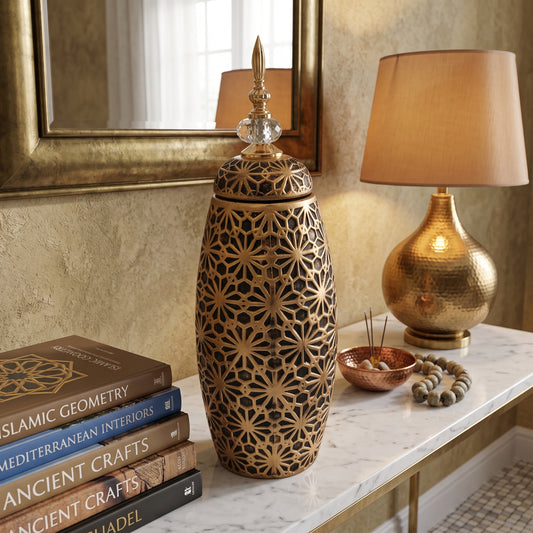 Decoración Árabe Dorada con Tapa y Detalle de Cristal – Diseño Tallado Floral 46,5cm