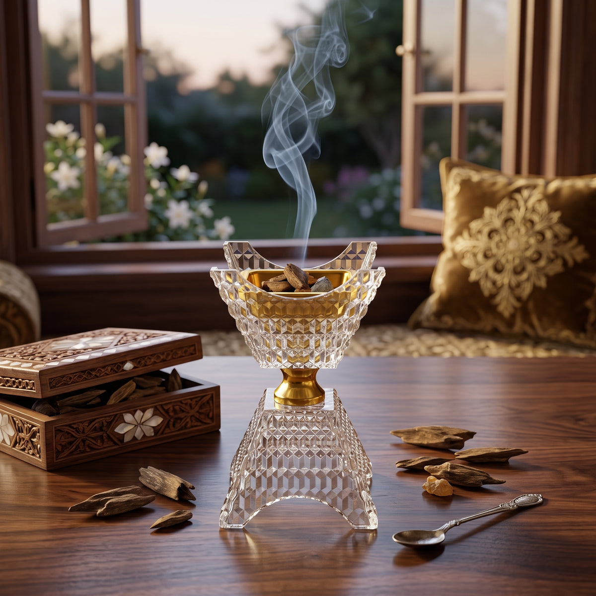 Incensário árabe transparente e dourado com design em cristal esculpido.