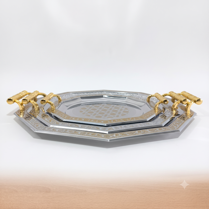 Set de 3 Bandejas Octogonales Plateadas y Doradas con Asas – 32, 40 y 48 cm