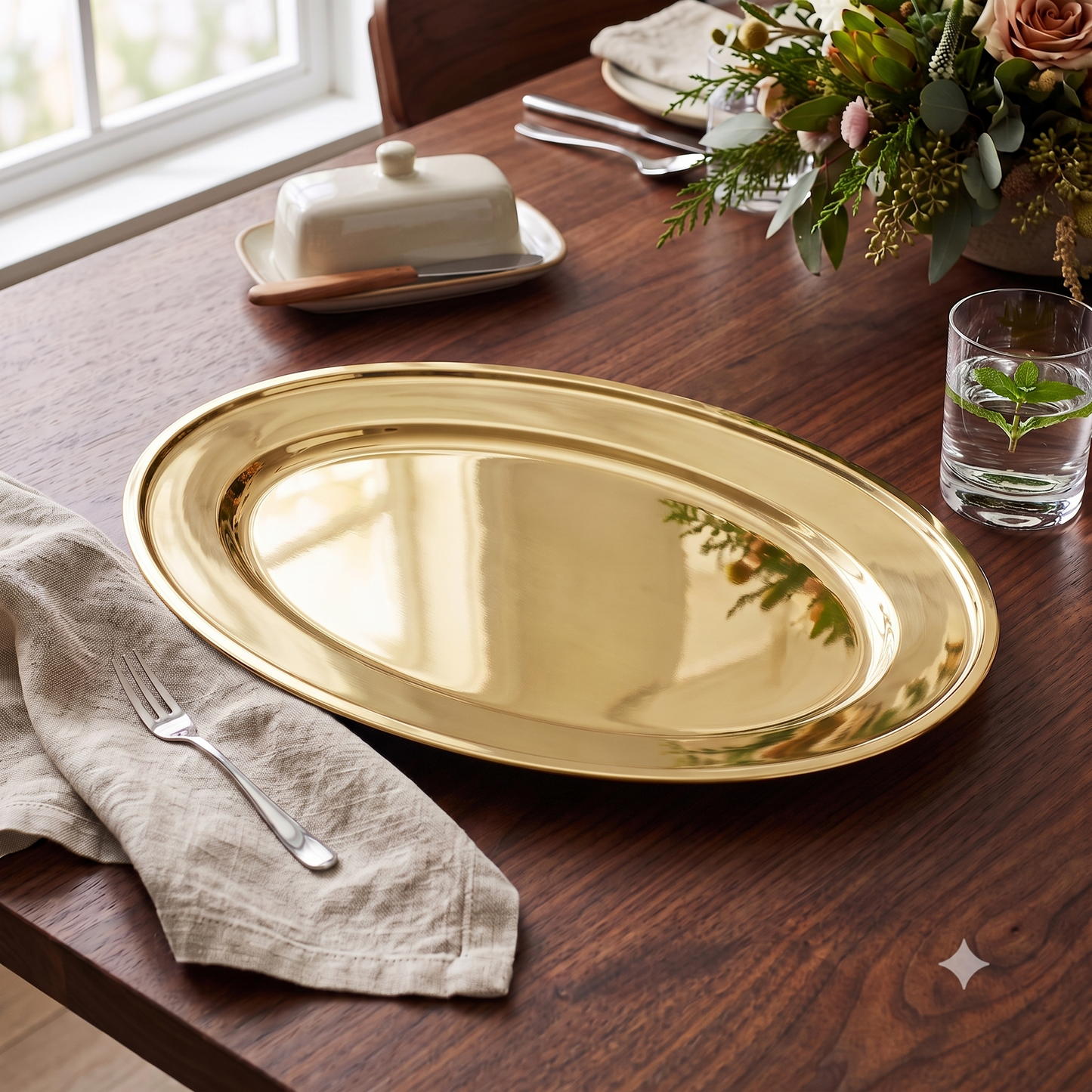 Bandeja Ovalada de Acero Inoxidable – Elegante, Resistente y Multiusos Dorada
