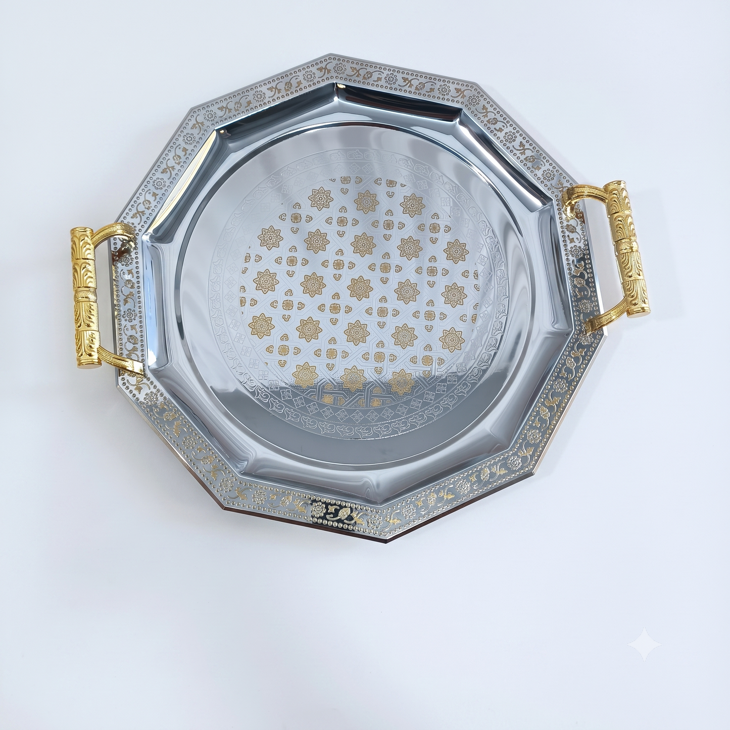 Set de 3 Bandejas Octogonales Plateadas y Doradas con Asas – 32, 40 y 48 cm