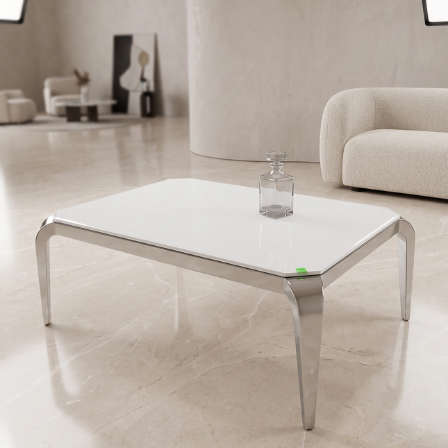 Mesa de centro de cristal blanco y patas acero plateado