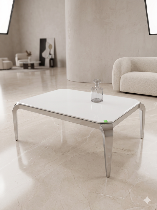 Mesa de centro de cristal blanco y patas acero plateado