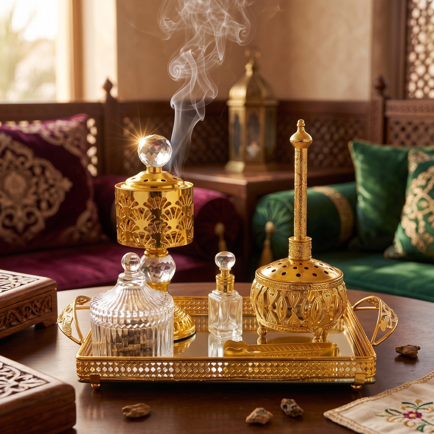 Golden Arabian Incense and Perfume Set — Decorative Tray with Burner, Bottles and Tongs