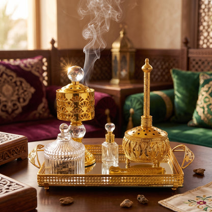 Golden Arabian Incense and Perfume Set — Decorative Tray with Burner, Bottles and Tongs
