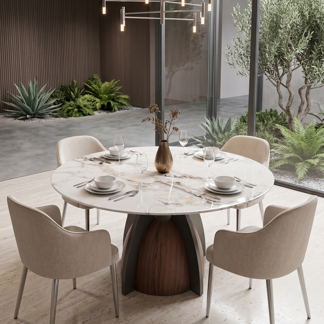 Mesa de Comedor de Diseño Contemporáneo - Mármol, madera y acero 130x76 Alta calidad